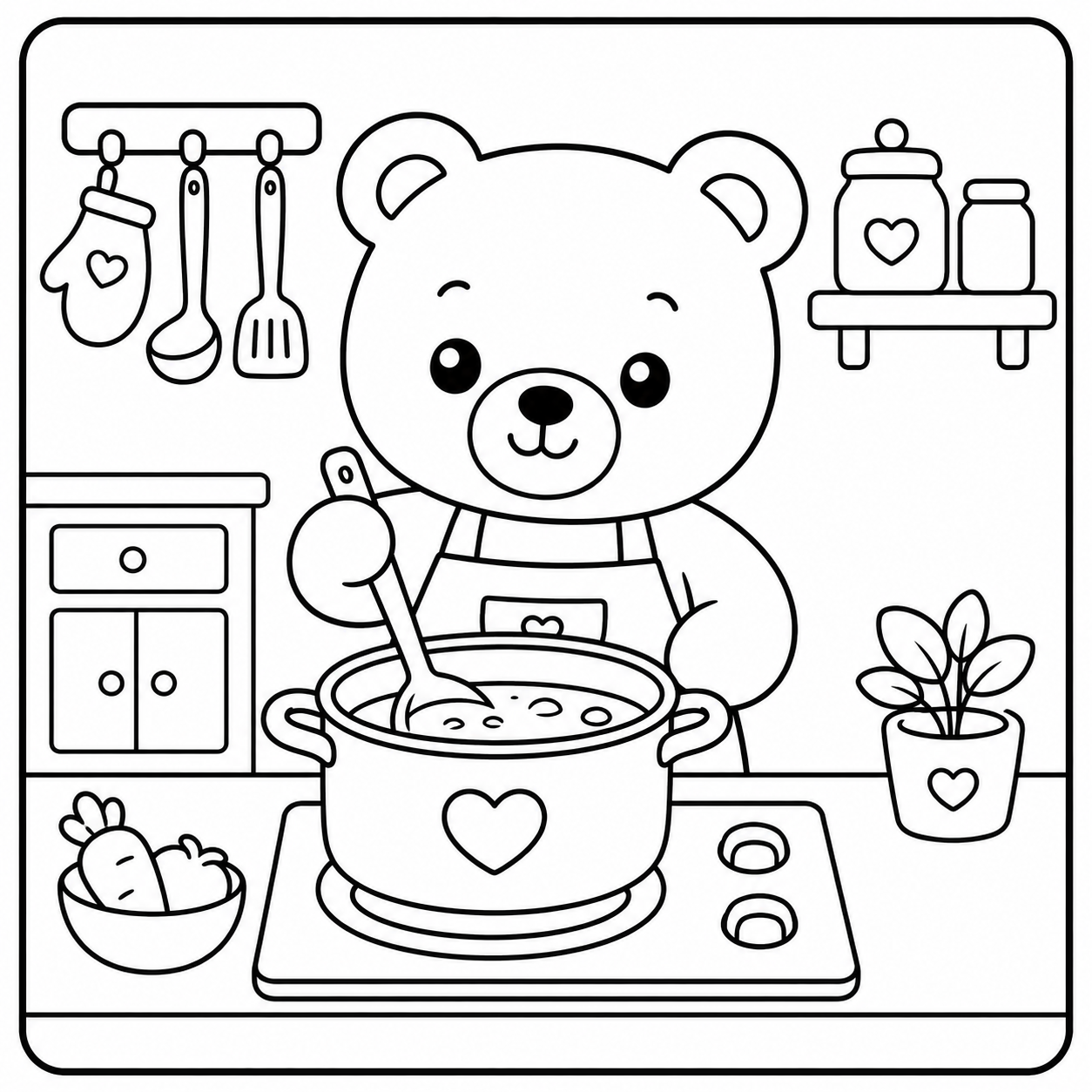 Sample coloring page — Cozy bedroom sanctuary with thick clean outlines, ready for KDP publishing